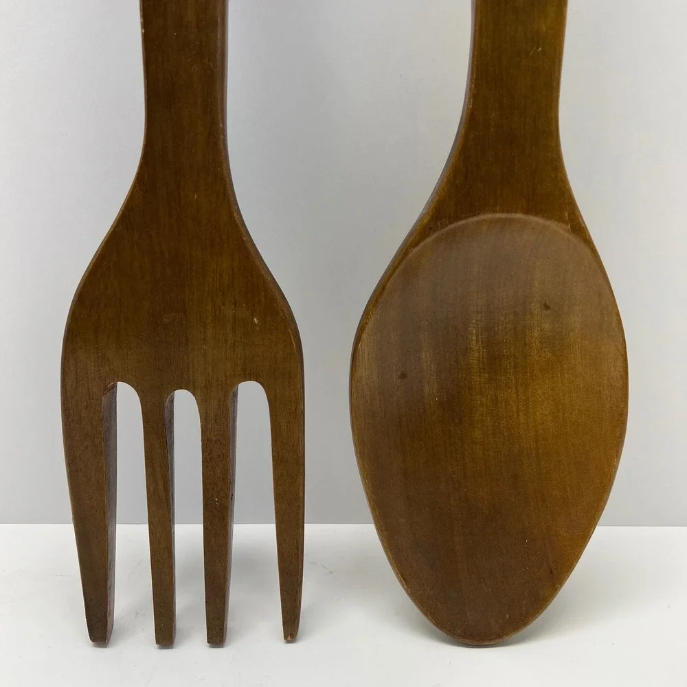 Vintage Hand Carved Wooden Tiki Totem Spoon‎ and Fork Wall Decor Set 21 Inch MCM